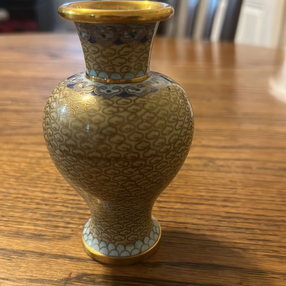 Antique Brass Painted Cloisonné 5” Vase - Picture 2 of 8
